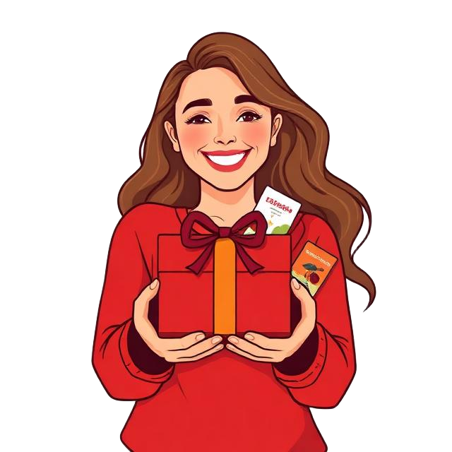 Persona feliz recibiendo su regalo ideal con productos, libros y experiencias